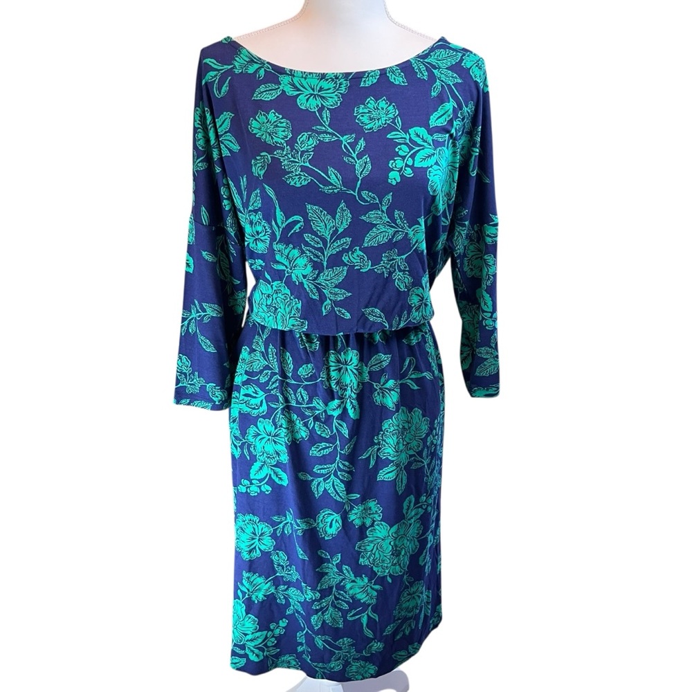 WOOLOVERS Blue Floral Long Sleeve Dress Sz M Stretch‎ Knit Comfort Office Work